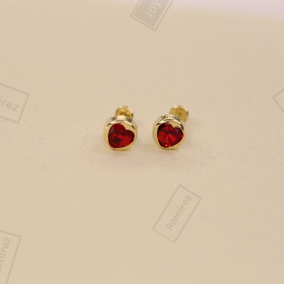 Elegant 14K Solid Gold Heart Earrings with Red Zirconia • 5mm Round Silhouette. - Picture 2 of 7